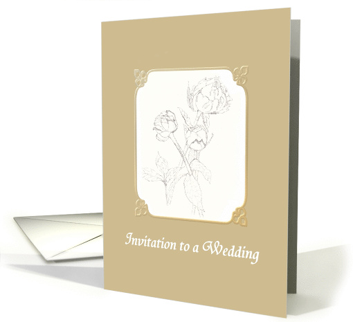 Wedding Invitation Black and White Floral Sketch in Beige Frame card