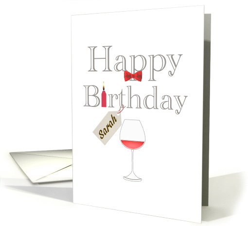Birthday For Sarah Red Bow Candle And Glass Of Red Wine card (1376528)