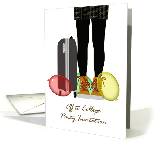Off To College Party Invitation Young Lady Suitcase And Balloons card