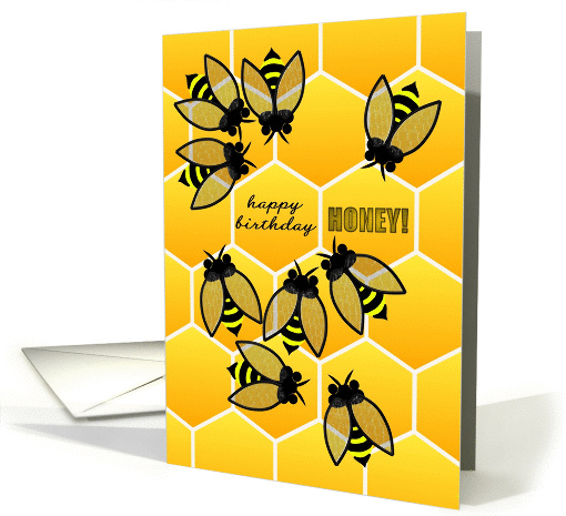 Happy birthday honey, cartoon bees and honeycomb card (1382918)
