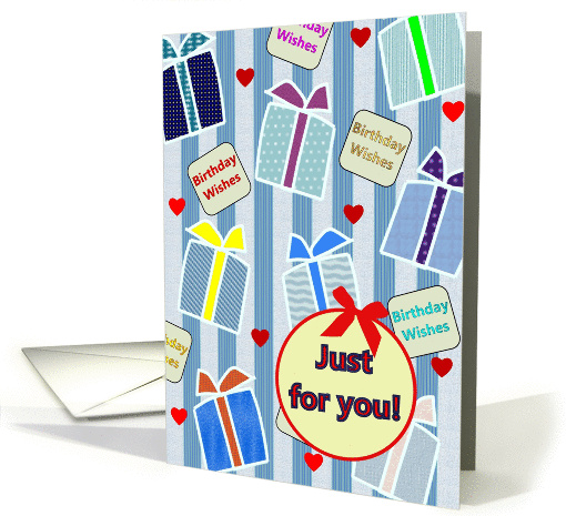 Birthday from all of us, lots of colorful presents and red hearts card