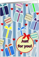 Birthday from all of us, lots of colorful presents and red hearts card