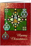 Christmas, illustration of St. Francis on stained glass and baubles card