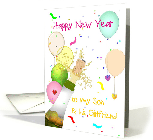 New Year Greetings for Son and Girlfriend Champagne and Balloons card