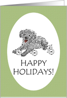 Happy Holidays Sketch of Toy Poodle Playing with Baubles card