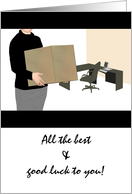 Farewell female boss, lady carrying cardboard box standing in office card