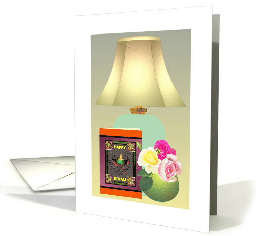 Diwali Card Standing Next to Vase of Roses and Table Lamp card