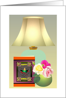 Diwali Card Standing Next to Vase of Roses and Table Lamp card