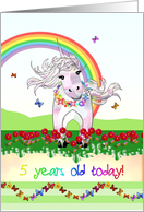 5th Birthday for Little Girl Unicorn Rainbow Flowers and Butterflies card