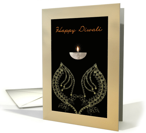 Diwali, Swirling Yellow Grey Florals and Oil Lamp card (1402368)