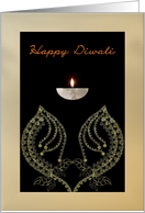 Diwali, Swirling Yellow Grey Florals and Oil Lamp card