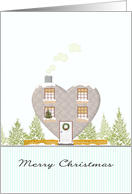 Heart shaped house with holiday tree in window, snow scene Christmas card