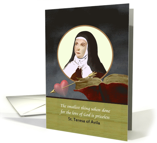 Illustration of St Teresa of Avila with Symbols Book Arrow Heart card