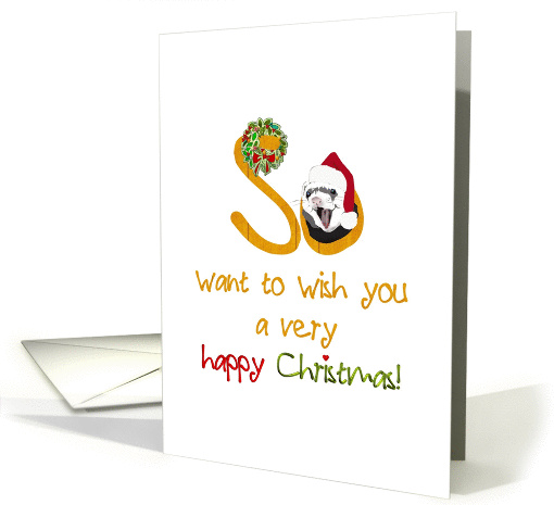 Ferret with big smile and wearing Santa's hat, Christmas card