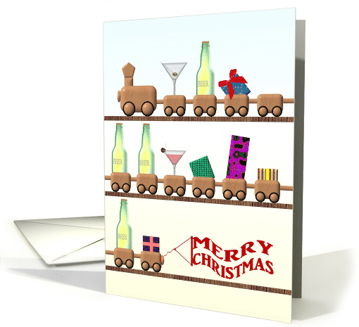 Wooden Toy Train Carrying Beers Cocktails And Presents Christmas card