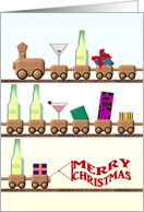 Wooden Toy Train Carrying Beers Cocktails And Presents Christmas card