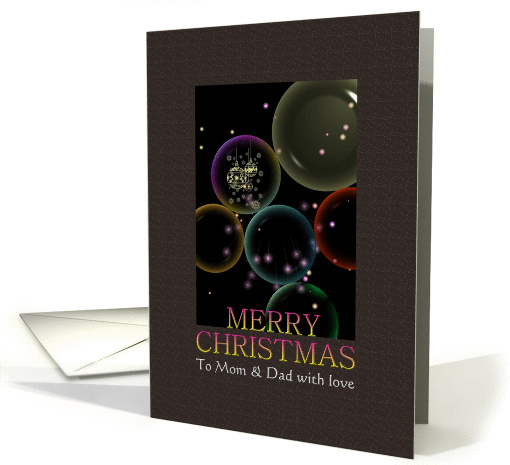 Christmas for mom and dad, colored glass baubles on black card