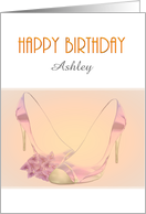 Custom Birthday Name High Heel Shoes and Bougainvillea Flowers card