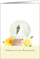 Be My Bridesmaid Bride and Groom in Snow Globe Winter Wedding card