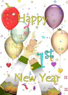 1st New Year Colorful Balloons Hearts Confetti And Champagne