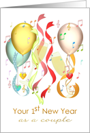 1st New Year As Couple Colorful Balloons Hearts Ribbons And Champagne card