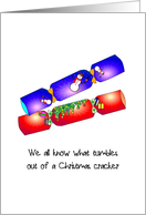 Christmas crackers with snowmen and holiday tree designs card