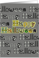 Halloween greetings spelt out in fun, colorful letters with a glow card