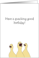 Three ducks delivering a quacking good birthday greeting card