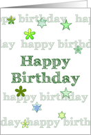 Birthday, stars and florals in soft shades of green and blue card