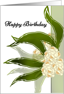 Birthday abstract white flower clusters and tapering leaves card