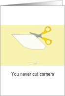 Business idiom cut corners, cutting corners off a piece of paper card