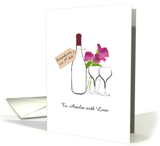 Custom Name 1st Date Anniversary Wine And Vase Of Flowers card