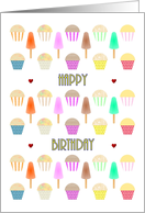 Birthday colorful cupcakes and ice cream on sticks card
