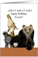 Birthday Wishes From Bear Ferret Emu Giraffe Bear Holding Microphone card