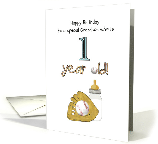 Grandson's 1st Birthday Baseball and Mitt and Bottle of Milk card