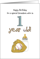 Grandson’s 1st Birthday Baseball and Mitt and Bottle of Milk card