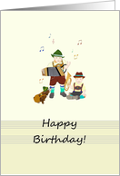 Toddlers And Puppy In Lederhosen Playing With Toy Accordion And Tuba card