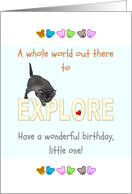 Baby’s 1st Birthday Kitten Attempting a Small Jump card