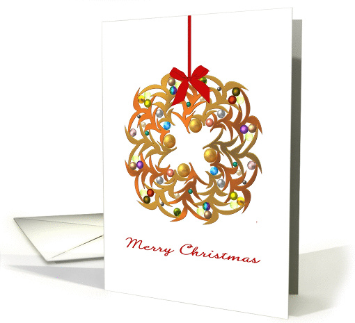 Christmas, colorful baubles on gold colored metal wreath card