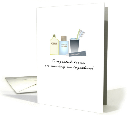 Moving in together, two bottles of aftershave and toothbrushes card