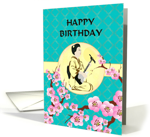 Japanese Lady in Kimono Playing Shamisen Pink Blossoms Birthday card