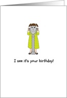 Girl looking through telescope, I see it’s your birthday! card