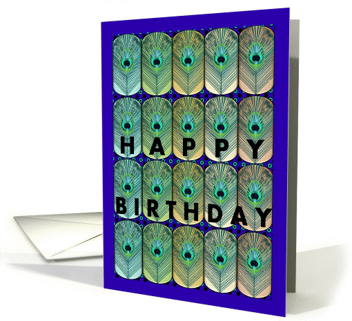 Birthday abstract peacock feathers in bright blues and greens card