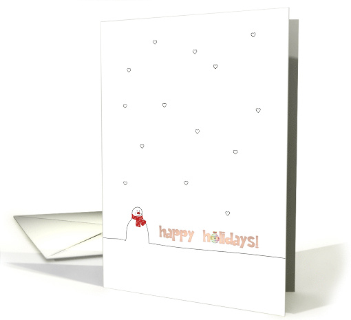 Smiling Snowman Wearing Red Scarf Snowing Hearts Happy Holidays card