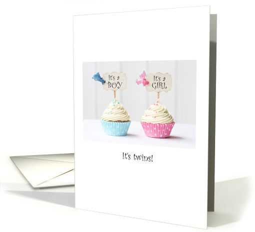 Birth announcement twin boy and girl, blue pink cupcakes card