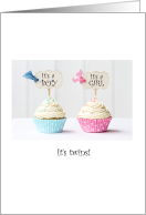 Birth announcement twin boy and girl, blue pink cupcakes card
