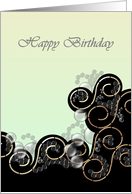 Abstract wave forms in black and gold, birthday card