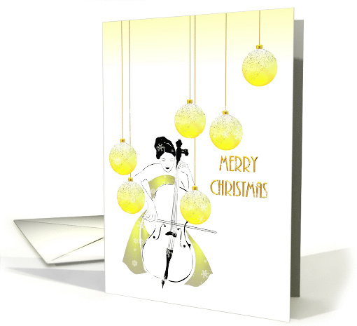Christmas Lady Playing Cello Beautiful Yellow Glass Baubles card