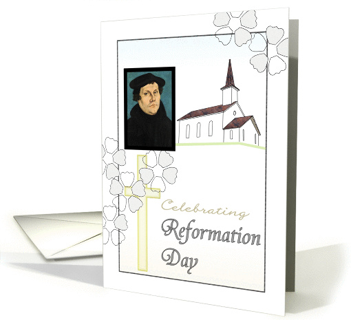 Reformation Day, Martin Luther, sketch of church and crucifix card