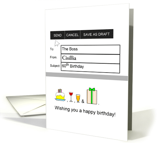 Custom 60th Birthday Email For Boss Cake Drinks Presents card
